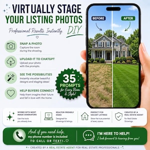 May include: A digital graphic featuring a smartphone displaying a before and after house photo. Text includes: VIRTUALLY STAGE YOUR LISTING PHOTOS, Professional Results. Instantly. DIY, SNAP A PHOTO, UPLOAD IT TO CHATGPT, SEE THE POSSIBILITIES, HELP BUYERS CONNECT, 35 PROMPTS, WORKS WITH MOST IMAGE GENERATORS, REALTOR-FRIENDLY IDEAS, PERFECT FOR VACANT LISTINGS, CREATED BY A REAL ESTATE AGENT, AND IF YOU NEED HELP, MY PHONE NUMBER IS INCLUDED TO CALL OR TEXT, I'M HERE TO HELP.