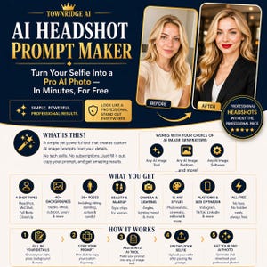 May include: Promotional graphic for Townridge AI's AI Headshot Prompt Maker. The image features a before-and-after comparison of a woman's headshot, showcasing the tool's ability to transform selfies into professional photos. The graphic includes text and icons.