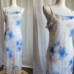 Y2K Bias Cut Watercolor Floral Dress by IZ Byer California | Prom, Formal, Homecoming, Graduation | White, Blue, Tan