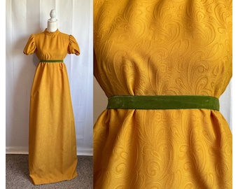 60s Empire Waist Brocade Regency Gown | Empire Waist, Puff Sleeve, Green Velvet Belt | Bridgerton Style | Jane Austen