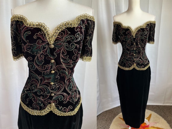 80s Black Velvet Formal Dress by Jessica Mcclintock Bridal Paisley  Embroidered Bodice, Gold Buttons, Gold Braid Trim -  UK