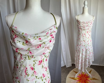 90s M-L Cowl Neck Bias Cut Sundress by Studio Y- White & Pink Floral, Asymmetrical Skirt, Spaghetti Strap