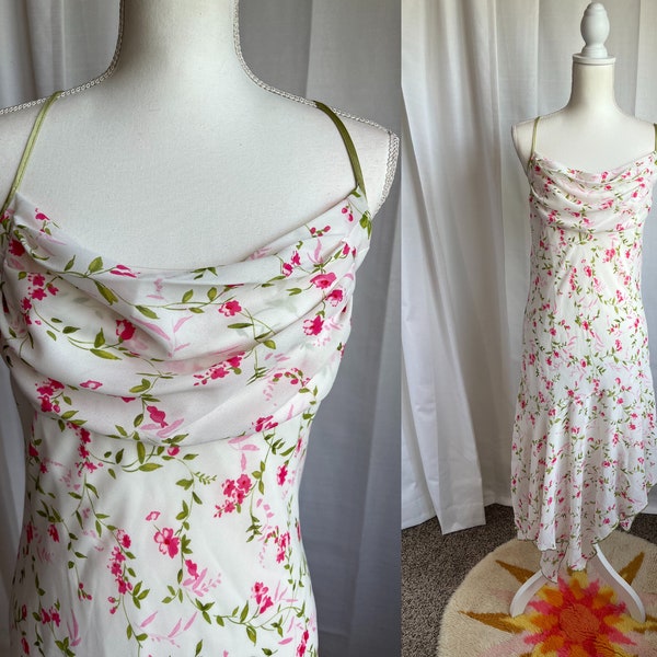 90s M-L Cowl Neck Bias Cut Sundress by Studio Y- White & Pink Floral, Asymmetrical Skirt, Spaghetti Strap