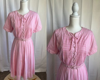 60s Pink & White Gingham Belted Fit and Flare Day Dress, Travables by Mendel, Short Sleeve, Midi Length, Button Up