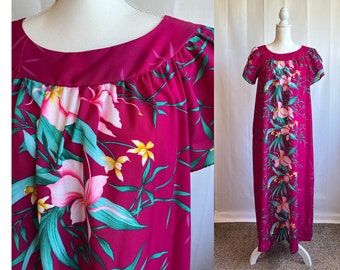 70s Magenta Orchid MuuMuu by Hilo Hattie's Hawaii | One Size Fits Many | Floral Hawaiian Dress