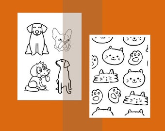 Color page, coloring pages 2pcs., Dog and Cat coloring pages for kids, instant digital download