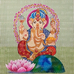 Original wall decoration Ganesha, master of dance and arts, Feng Shui, hand-painted on hand-woven banana silk, JAHSANG, 65 x 65 cm