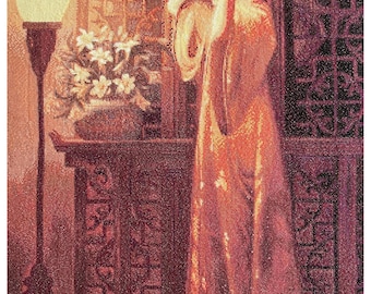 Hand sewn high quality cross stitch image - lady in the evening 75x59 cm