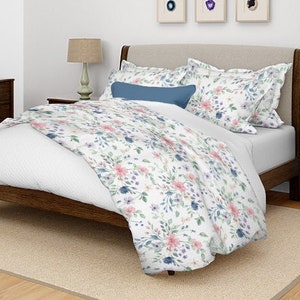 Floral Duvet Cover, Pink and Blue Floral Pattern Spring Summer Comforter Cover