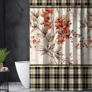 Dark Plaid Autumn Shower Curtain - Floral and Plaid Fall Shower Curtain - Fall Bath Decor