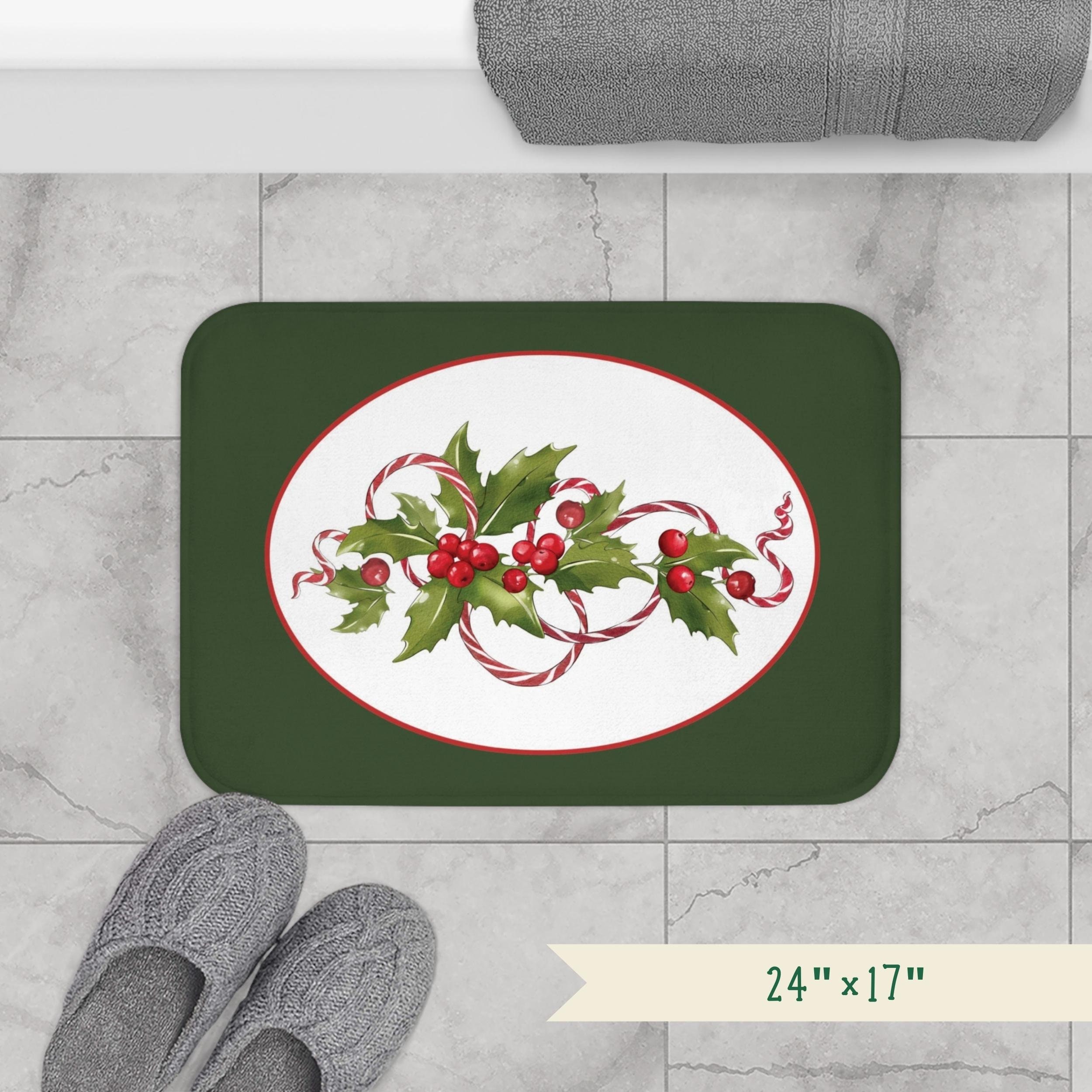 Festive Christmas Bathroom Decor, Holly Berries and Candy Cane Bath Mat