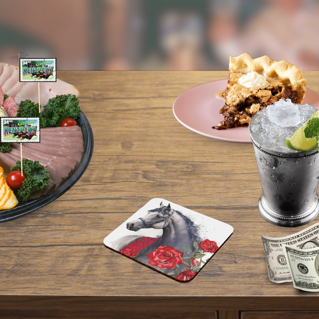 Kentucky Derby Party Supplies Cork Back Coaster, Horse With Rose