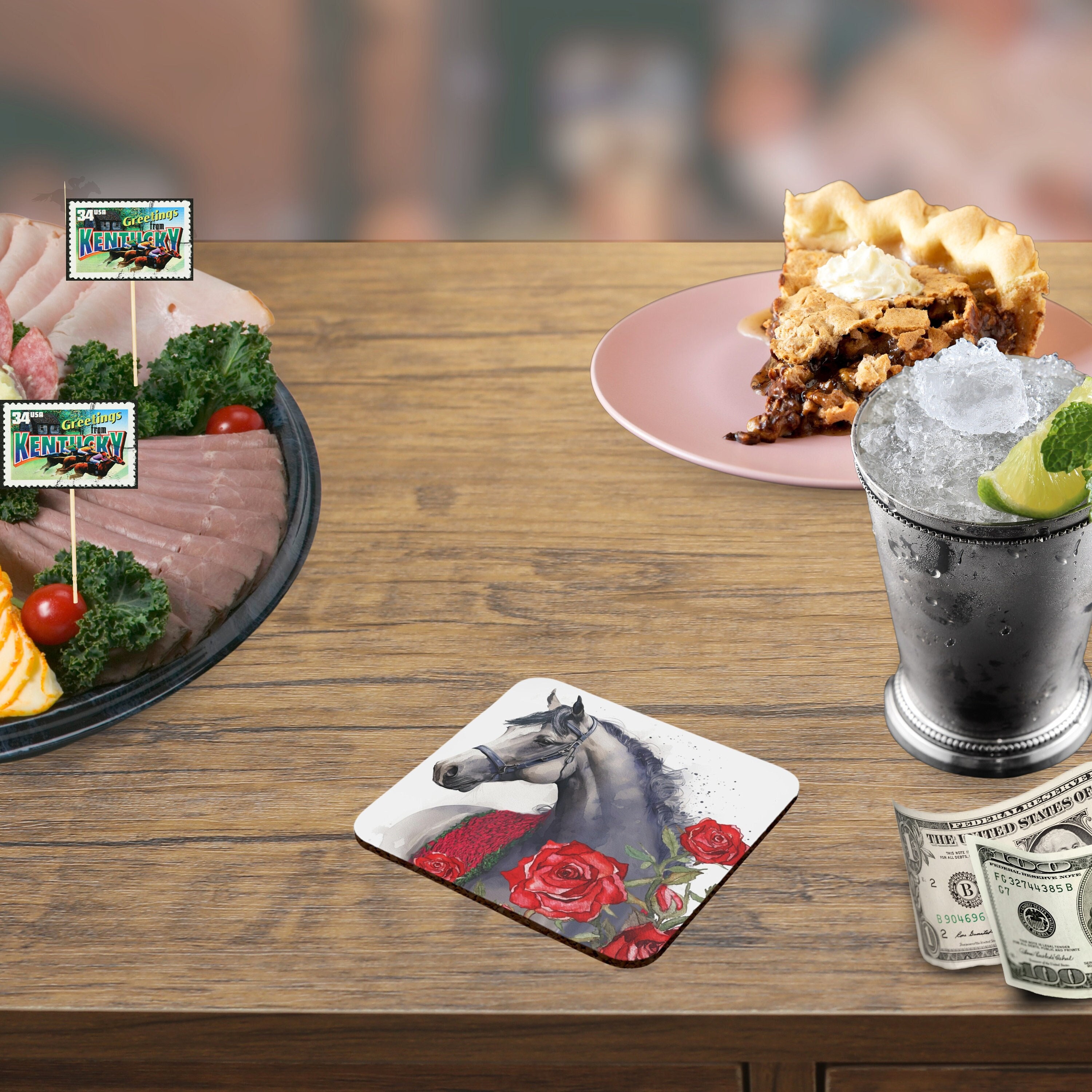 Kentucky Derby Party Supplies Cork Back Coaster, Horse With Rose