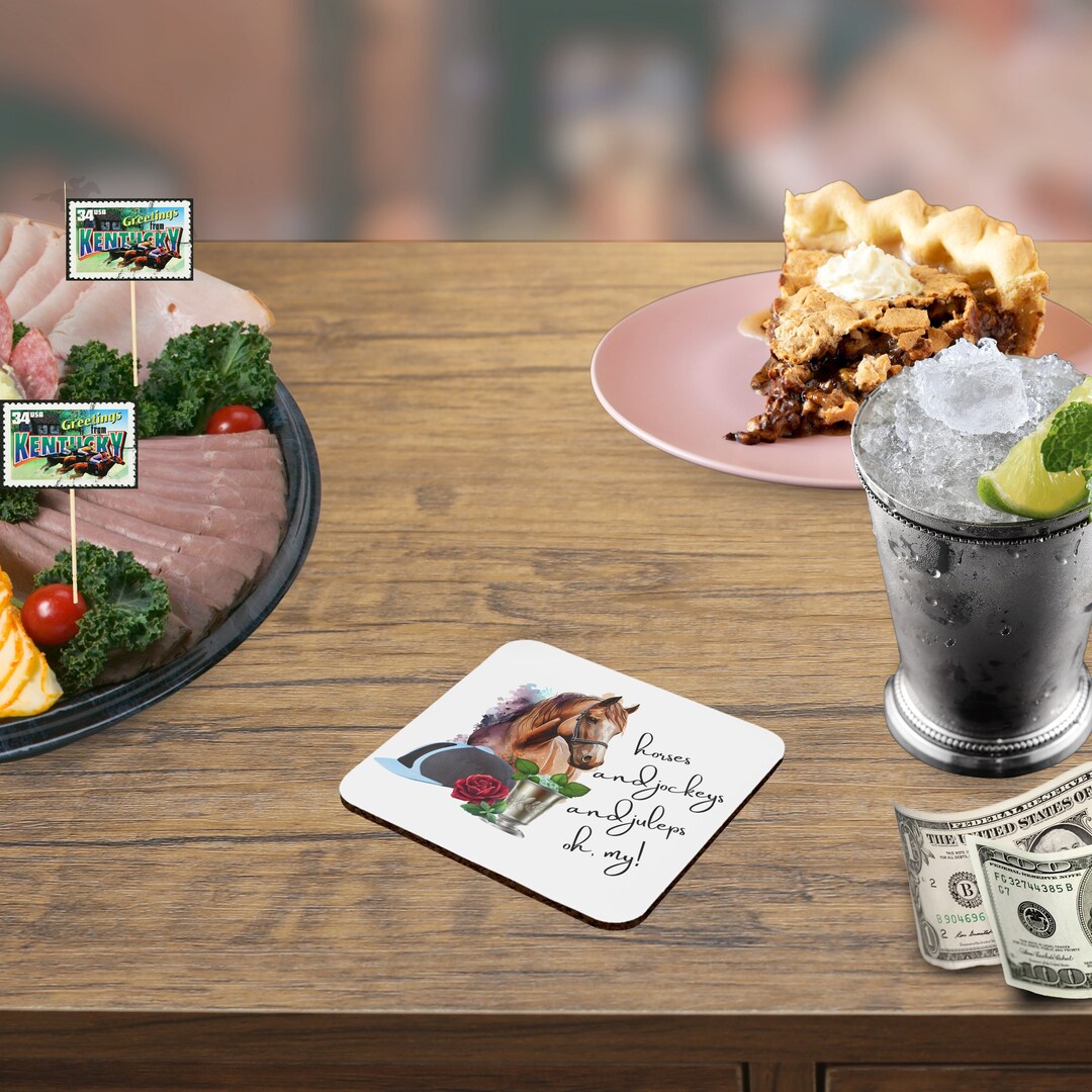 Kentucky Derby Party Supplies Cork Back Coaster, Horses Jockeys Julep