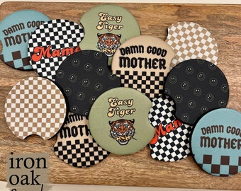 Retro Car Coasters, Happy Face, Boho Mama, Edgy Car Accessories