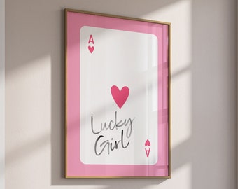 Lucky Girl Syndrome Print, Playing Card Ace of Hearts Print, Pink Orange Y2K Aesthetic College Apartment Decor, Preppy Dorm Room Wall Art