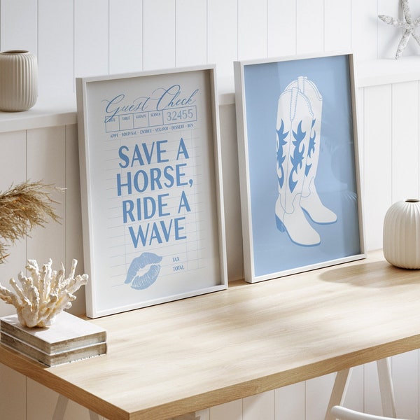 Set of 2 Blue Aesthetic Wall Art, Beachy Home Decor, Coastal Surfer Girl Prints, Preppy Cowgirl Boots Prints, Beach Themed Room Decor