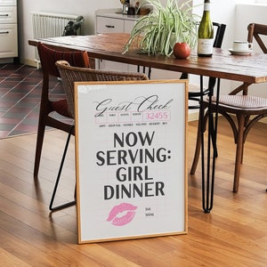 girl dinner college apartment print, funny kitchen prints, guest check poster, pink bar cart decor, black cocktail wall art, cute chef gifts