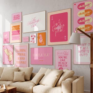 Lot de 14 oeuvres d'art murales tendance, décoration d'appartement universitaire, art mural esthétique girly preppy rose orange, affiche de dortoir rétro rose orange
