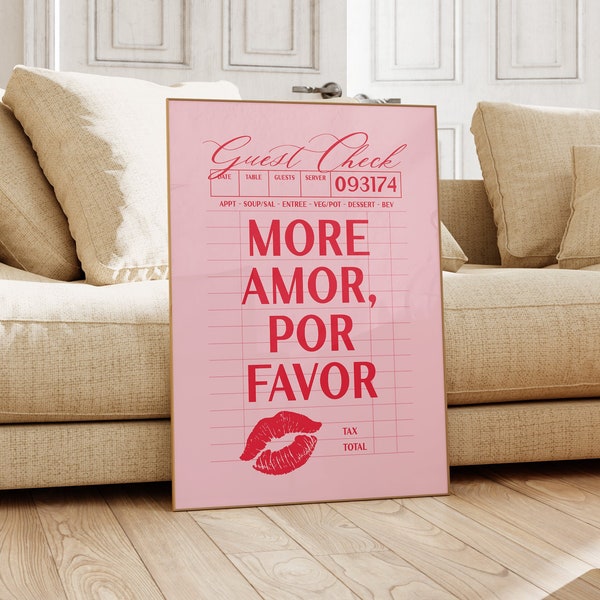 Pink More Amor Por Favor Wall Art Print, Modern Eclectic Apartment Print, Trendy Quote Valentine's Day Decor, Cool Girl Guest Check Prints