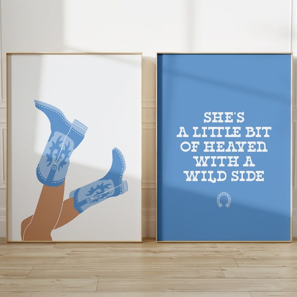 coastal cowgirl western dorm room gallery wall art set of 2, preppy cowgirl boots and quote poster, trendy retro funky blue bar cart print