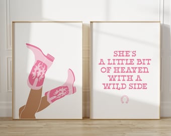 coastal cowgirl western dorm room gallery wall art set of 2, preppy cowgirl boots and quote poster, trendy retro funky pink bar cart print