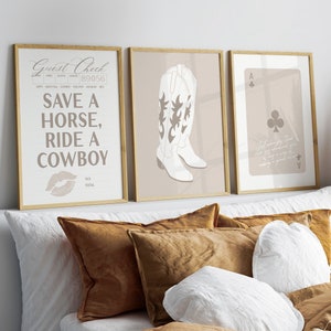 nadmorski kowbojka westernowy pokój w akademiku galeria ścienna zestaw 3, plakat preppy save a horse ride a cowboy, modny retro neutralny wydruk na wózku barowym