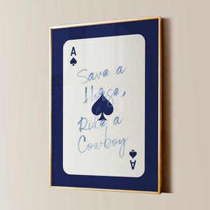 Impressão de carta de ás de cowboy, arte de parede moderna, decoração de quarto azul-marinho, pôster retrô, impressões de cowgirl em aquarela, decoração de casa ocidental, arte de quarto