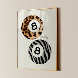 8 Ball Leopard Zebra Druck, Retro Lucky Girl Poster, Funky Y2K Ästhetische Wohnung Dekor, Vintage Pool Ball Aquarell Schlafzimmer Wandkunst