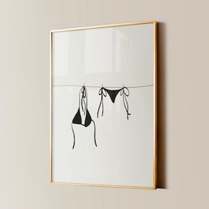 Bikini On Clothesline Print, College Apartment Decor, Coastal Beachy Dorm Room Posters, Trendy Beach House Wall Art, Girly Preppy Aesthetic