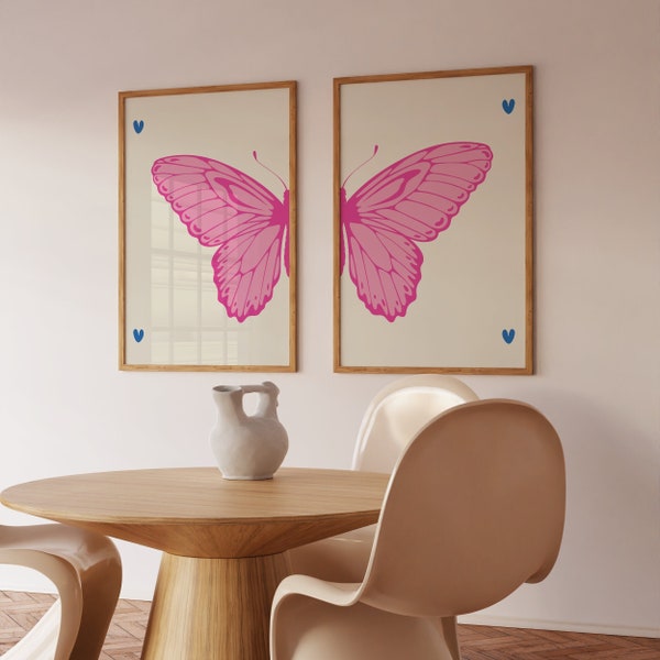 trendy pink butterfly college apartment print, coquette aesthetic decor, 70s style poster, girls room decor, set of 2 wall art, cute posters