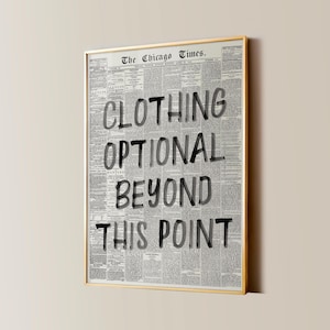 Funny Bathroom Newspaper Print, &#39;Clothing Optional&#39; Black and White Art (Digital Download)