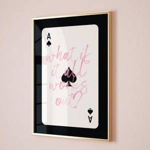Wat als het allemaal lukt Pink schoppenaas print, zwart-wit posters slaapzaal, preppy college-appartement, esthetische afdrukbare muurkunst