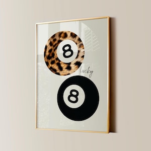 8 Ball Leopardenmuster, Retro Lucky Girl Poster, Funky Y2K Ästhetisches Wohnung Dekor, schwarze Vintage Pool Ball Aquarell Schlafzimmer Wandkunst