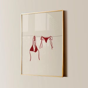 Bikini On Clothesline Print, College Apartment Decor, Coastal Beachy Dorm Room Posters, Trendy Beach House Wall Art, Girly Preppy Aesthetic