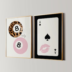 8 Ball Leopardenmuster, Pik Ace Kuss Druck, Retro Glückliches Mädchen Poster, Funky Y2K Wohnung Dekor, Zart Rosa Aquarell Schlafzimmer Wandkunst