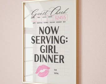 Lámina tipográfica "Girl Dinner", arte para la pared de la cocina, decoración que estimula la dopamina, decoración maximalista, arte para la pared del apartamento, pósteres geniales, decoración para dormitorios universitarios.