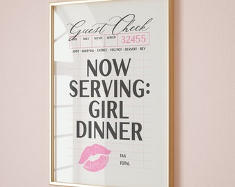 girl dinner college apartment print, funny kitchen prints, guest check poster, pink bar cart decor, black cocktail wall art, cute chef gifts