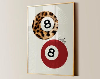 8 Ball Leopard Print, Retro Lucky Girl Poster, Funky Y2K Aesthetic Apartment Decor, Vintage Pool Ball Cherry Red Watercolor Bedroom Wall Art