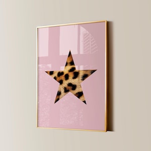 Trendy Leopard Star Print, Retro Star Girl Poster, Funky Y2K Aesthetic Apartment Decor, Vintage Girly Pink Cheetah Bedroom Wall Art