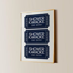 Shower Karaoke Ticket Print, Funny Bathroom Decor, Trendy Wall Art, Girly Preppy Aesthetic, Shower Singing Poster, Navy Retro Coastal Home