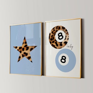 8-ball luipaardprint, retro poster sterrenmeisje, trendy Lucky Girl muurkunst, funky Y2K esthetisch appartementdecor, Cheetah Girly slaapkamerkunstwerk