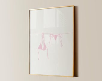 Light Pink Bikini On Clothesline Print, College Dorm Room Decor, Coastal Wall Art, Girly Preppy Aesthetic, Dopamine Decor, Whimsical Art