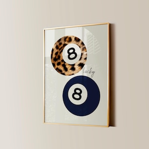 8 Ball Leopardenmuster, Retro Lucky Girl Poster, Funky Y2K Ästhetische Wohnung Dekor, Vintage Pool Ball Marineblau Aquarell Schlafzimmer Wandkunst