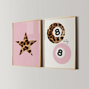 8-ball luipaardprint, retro poster sterrenmeisje, trendy Lucky Girl muurkunst, funky Y2K esthetisch appartementdecor, Cheetah Girly slaapkamerkunstwerk