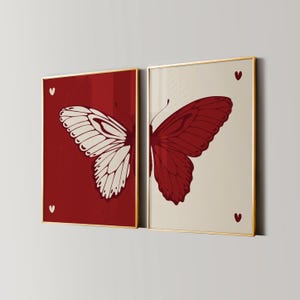 Arte de pared de mariposas, póster rojo y neutro, pósteres para habitación, arte de baño rosa, arte de pared de chica moderna, decoración estética para dormitorio, arte de pared moderno