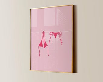 Bikini on Clothesline Print, Pink Coastal Wall Art (Digital Download)