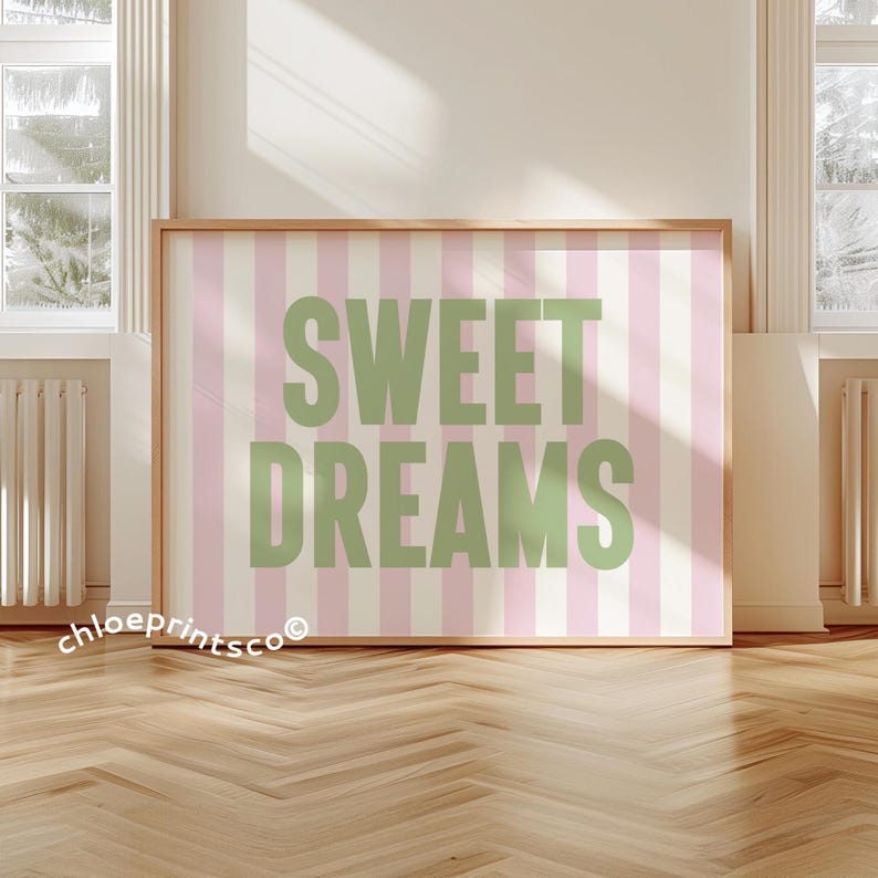 Sweet Dreams Print, Funny Apartment Poster, Pink and Green Bedroom Decor, Minimalist Aesthetic Trendy Wall Art, Retro Above Bed Wall Decor