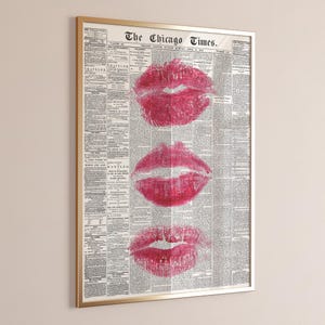 Trendy Wall Art Newspaper Art Prints Red Wall Art Aesthetic Room Decor Vintage Retro Poster Girly Wall Art Kiss Lips Wall Art Dorm Printable