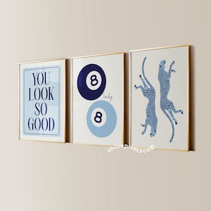 Navy Blue 8 Ball Lucky Girl Cheetah Aesthetic Posters, Trendy Apartment Decor, Chic Living Room Gallery Wall Art, Set of 3 Bedroom Prints